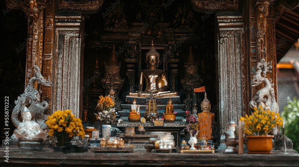 Wall mural golden buddha statue in a traditional thai temple