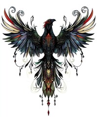 Fototapeta premium A stylized black bird with intricate feather patterns and decorative elements.