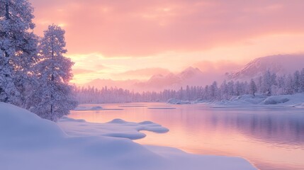 Fototapeta premium A breathtaking sunrise illuminates a snow-covered landscape with a tranquil lake reflecting the vibrant pink sky, creating a scene of serenity and beauty. The frosted trees and distant mountains add d