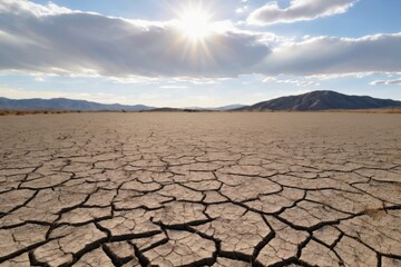 Dry cracked earth in a desert landscape and bright sun rays showcasing the texture of arid soil under the intense summer heat