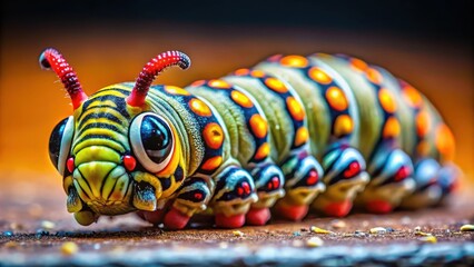 Vividly colored caterpillar with intricate patterns and large expressive eyes crawling on a surface , caterpillar, vivid