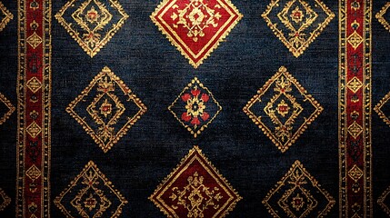 A vintage fabric texture featuring an ornamental red and gold diamond pattern, exuding timeless charm.
