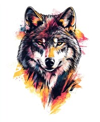 Naklejka premium A colorful artistic depiction of a wolf's head, showcasing vibrant textures and details.