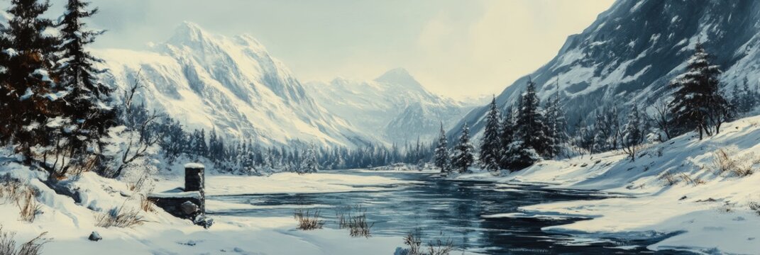 A breathtaking winter landscape featuring snow-covered mountains, a tranquil river winding through the valley, and lush evergreens along the banks.  The scene evokes serenity, tranquility, and the bea
