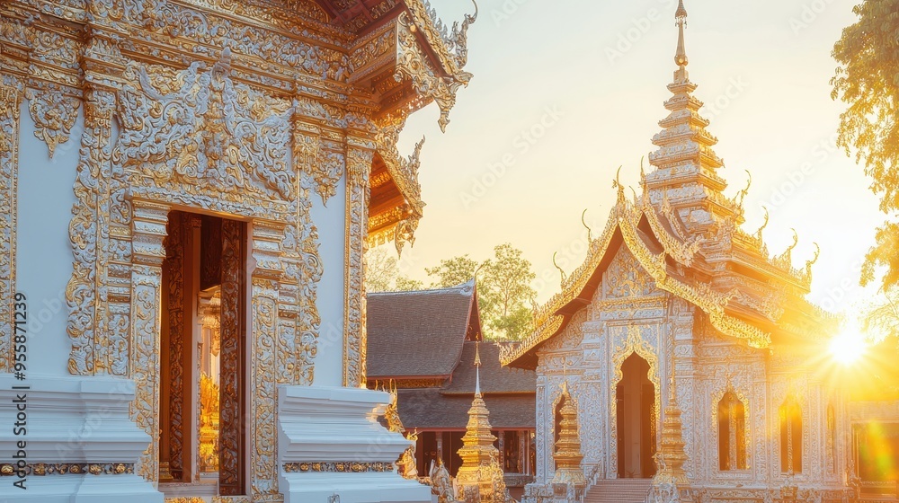 Wall mural Golden Temple Sunset   Chiang Mai  Thailand