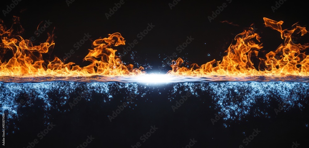 Poster a horizontal rectangle of fire and water, creating an abstract design on a black background
