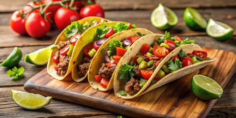 Delicious Mexican tacos with beef, tomatoes, avocado, chili, and onions on a wooden table , Mexican, tacos, beef