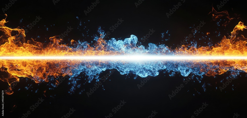 Poster a horizontal rectangle of fire and water, creating an abstract design on a black background