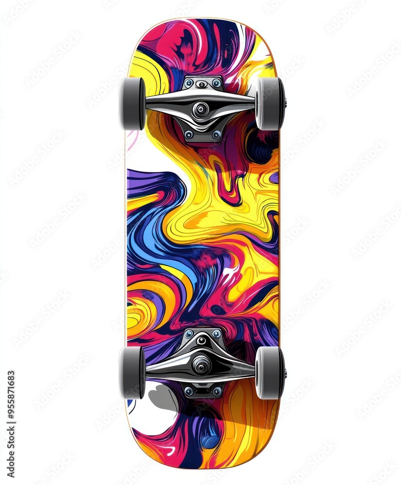 Wall mural A colorful skateboard featuring a vibrant abstract design with swirling patterns.