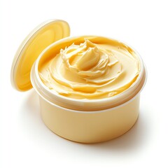 a tub of margarine with a lid slightly open, ready for use, rich and inviting, isolated on white background