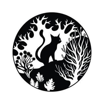 recommend clip art: cat with coral reef vector art silhouette logo design black and white 