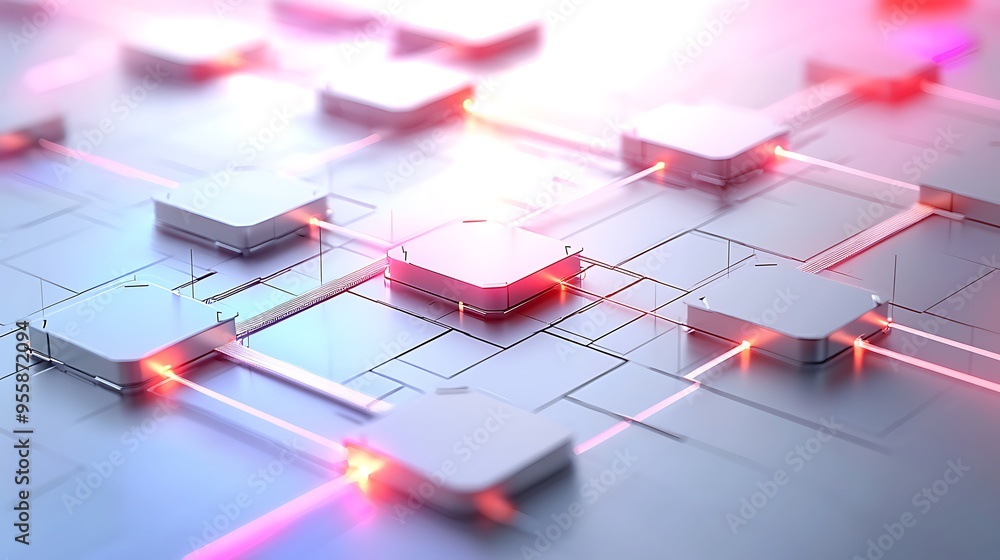 Poster an abstract network design with glowing lines and cubes, capturing the essence of technological conn