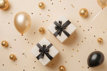 Obraz premium Gift boxes with balloons and confetti on beige background. Black Friday sale with generative ai