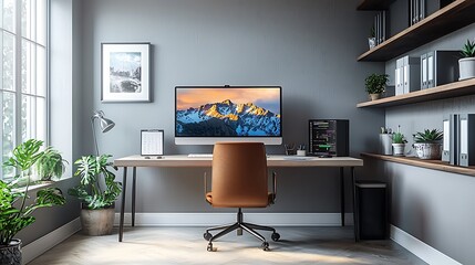 A contemporary home office workspace with a desk, computer, and plants, fostering a creative environment.