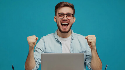 A happy smilling man with glasses and a laptop celebrating his success. Generative AI	