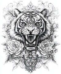 Fototapeta premium A detailed illustration of a roaring tiger surrounded by roses and ornamental designs.