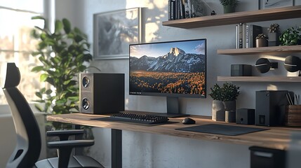 A sleek home office setup with a computer displaying a mountain view, blending work with a touch of nature�s beauty.