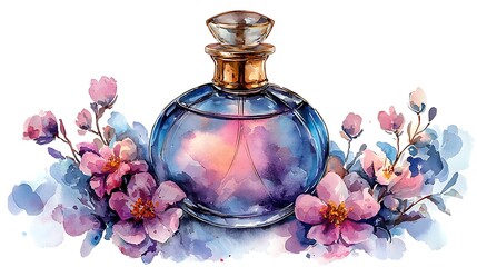 A delicate watercolor painting of a perfume bottle adorned with soft floral details, merging elegance and fragrance.