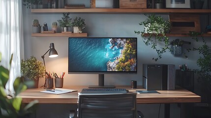 A modern home office workspace with a computer and plants, merging productivity with a touch of nature.