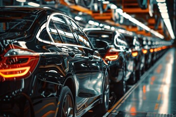Fototapeta premium A line of cars are being manufactured in a factory, generative ai image