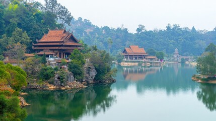 Obraz premium Traditional Asian Architecture on a Serene Lake with Mountains in the Background