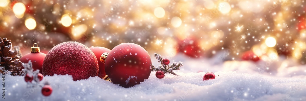 Poster a horizontal background with an array of red christmas ornaments on snow,