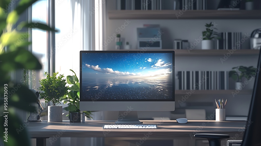 Poster a modern home office desk with a computer and a seascape desktop background, combining work with a s