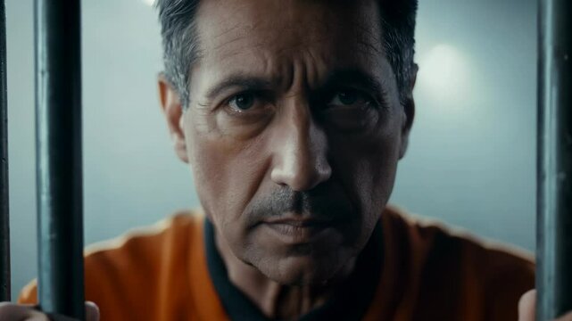 Middle aged Caucasian male prisoner in an orange uniform against a background of metal bars looks at the camera. The criminal serves his sentence in a prison cell. FHD footage