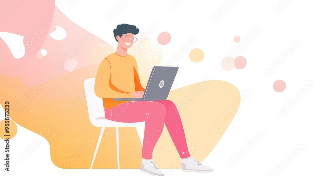 Poster a cartoon illustration depicting a happy web developer working on a laptop while sitting on a chair.