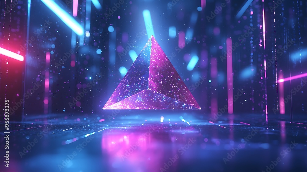 Poster a geometric prism glowing with neon lights and particles, creating an abstract and captivating visua