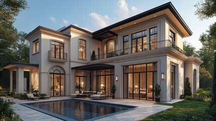 Modern luxury home with pool surrounded by greenery.