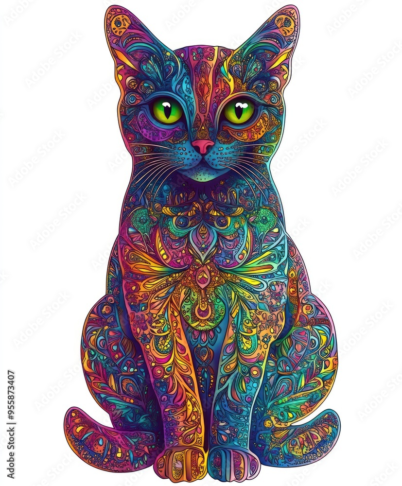 Wall mural A vibrant, colorful cat illustration with intricate patterns and bright green eyes.