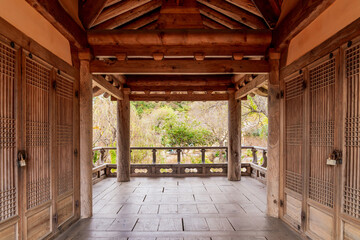 Muan-gun, Jeollanam-do, South Korea - November 28, 2020: Wood floor and pillars of roof titled house at the Birthplace of Seon Master Choui