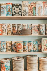 Vintage Film Reels and Movie Posters on Shelf