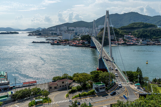 Yeosu-si, Jeollanam-do, South Korea - August 19, 2021: High angle view of Dolsan Bridge of Dolsando Island on the sea in summer