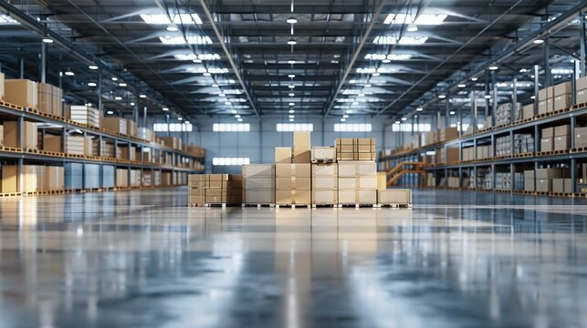 Spacious Warehouse with Neatly Stacked Boxes and Equipment: Organized Storage Area for Efficient Inventory Management