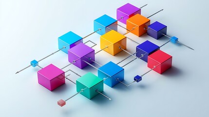 Colorful cubes connected with arrows, creating a dynamic network structure that symbolizes connectivity.