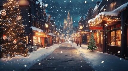 A charming Christmas street scene with snow-covered shops and festive decorations. The twinkling lights and snow create a magical ambiance, inviting viewers to experience the warmth and wonder of the 
