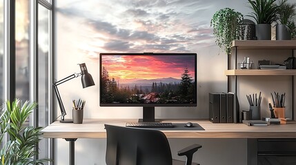 A modern home office desk with a sunset view on the computer monitor, blending work with the beauty of dusk.