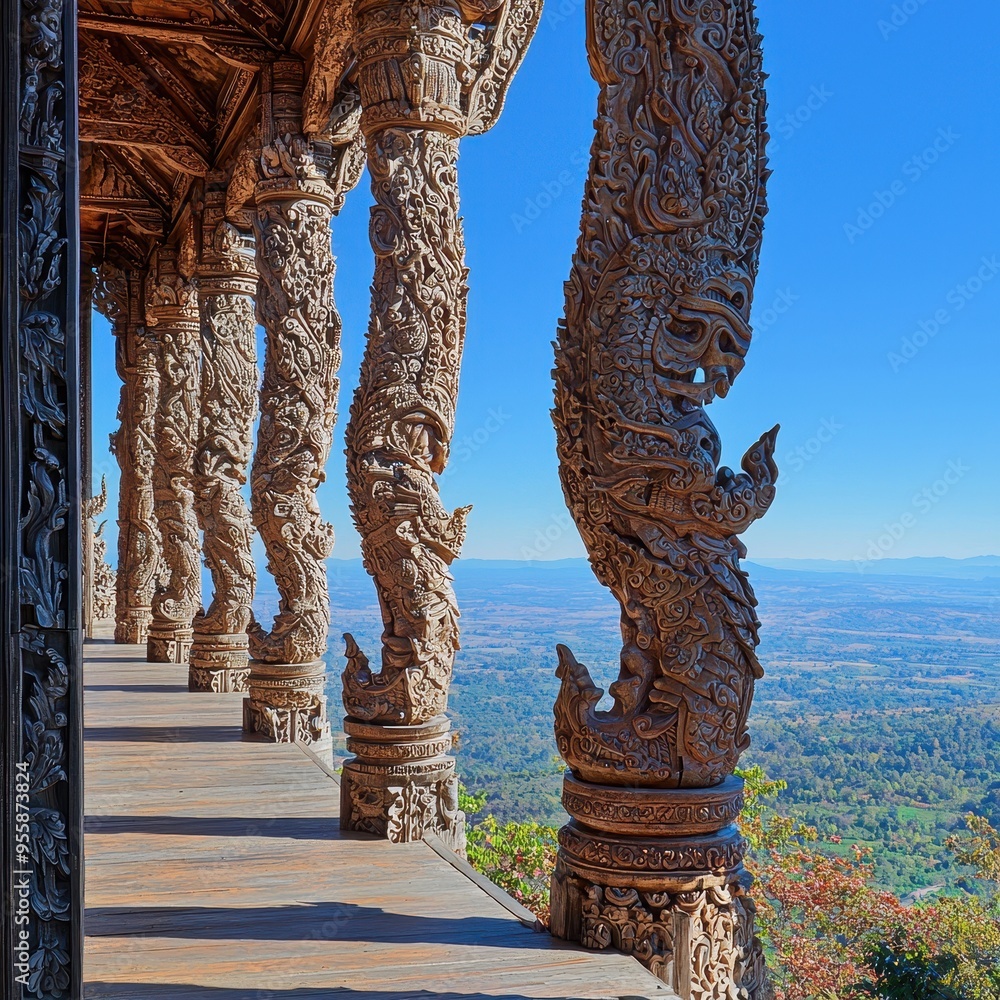 Canvas Prints intricate carved wooden pillars of a temple with mountain view