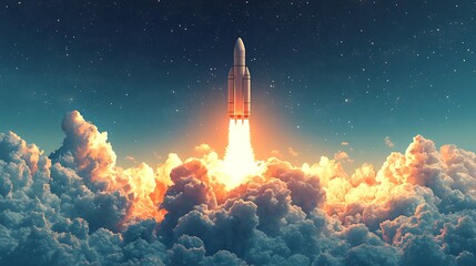 A rocket launch through clouds into a starry sky, capturing the thrill of space exploration.