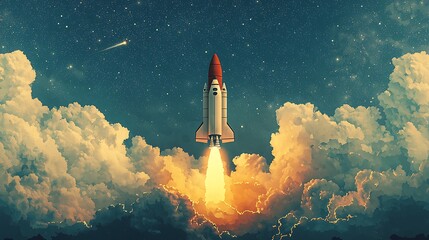 A space rocket launching through clouds at night, against a backdrop of stars, symbolizing exploration and ambition.