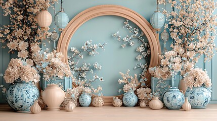 Blue and white porcelain vases with blooming flowers and lanterns on a teal background, creating a serene and classic scene. - Powered by Adobe