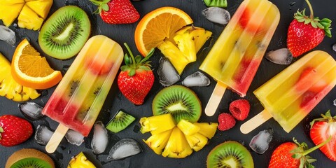 Top view of a colorful fruit popsicle with pineapple orange and mango garnished with kiwi and strawberry slices