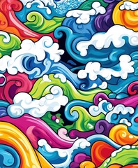 Obraz premium A vibrant, abstract representation of colorful waves and clouds in a whimsical style.