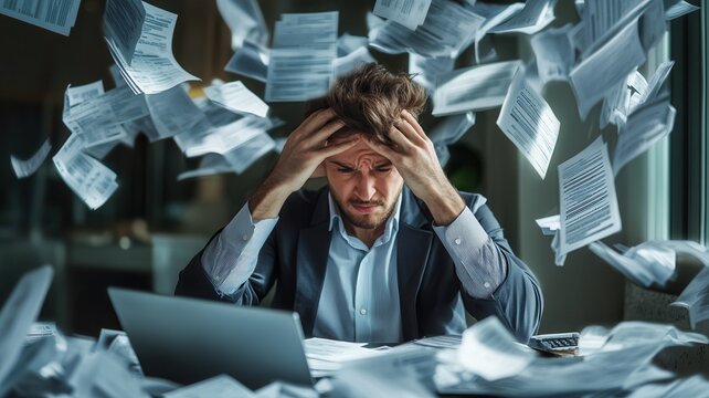 A stressed businessman overwhelmed by flying papers, depicting the chaos of work and the pressure of deadlines in an office setting.