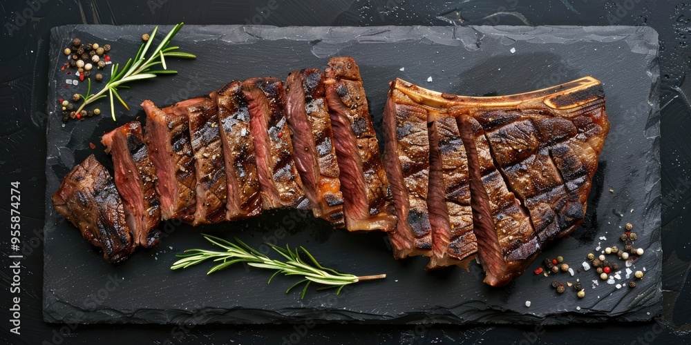 Wall mural Sliced Traditional American Barbecue Dry Aged Porterhouse Steak on Slate Board