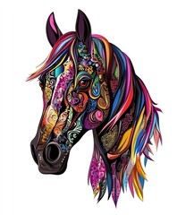 A vibrant, artistic depiction of a horse's head with intricate patterns and colors.