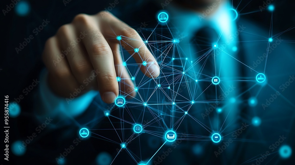 Poster a hand interacting with a digital network, symbolizing the connection between technology and human t