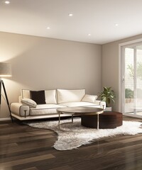 Luxury, minimal beige living room with cream sofa, wooden coffee table, lamp, tropical tree in sunlight from sliding door for elegant interior design decoration, product background 3D